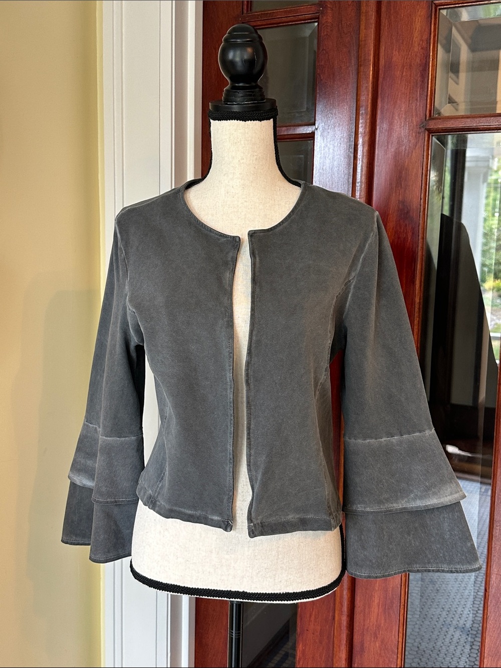 Grey Violet | Open Front Cropped Jacket with Ruffle Tiered Bell Sleeves, Size L